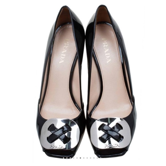 Prada Black Patent Leather Peep Toe Block Heel Pumps Size 40.5 - Picture 2 of 15